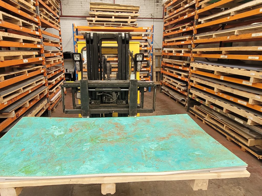 pallet of green patina aged copper sheet
